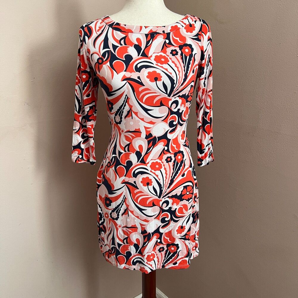 Boden Retro Sylvia Marion Tie Jersey Tunic Dress Floral Pink Red‎ Size 4 Petite